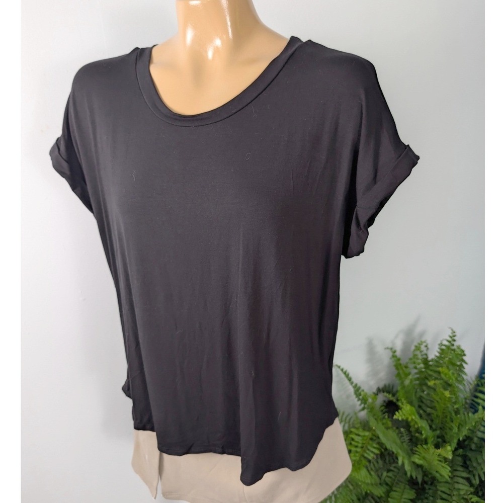 Rebel Society Short Roll Cuffed Sleeve Top Womens Large‎ Black High Low Hem